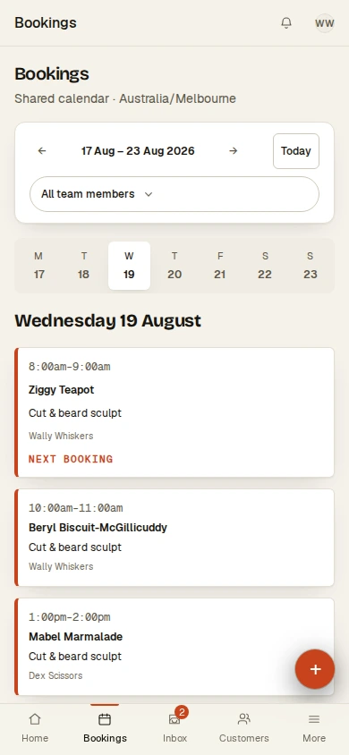 The real Pressly booking calendar with sample customer jobs