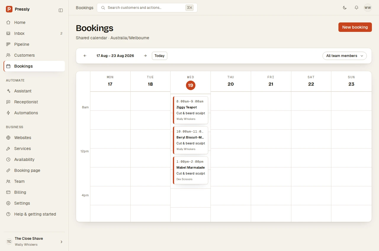 The real Pressly booking calendar with sample customer jobs