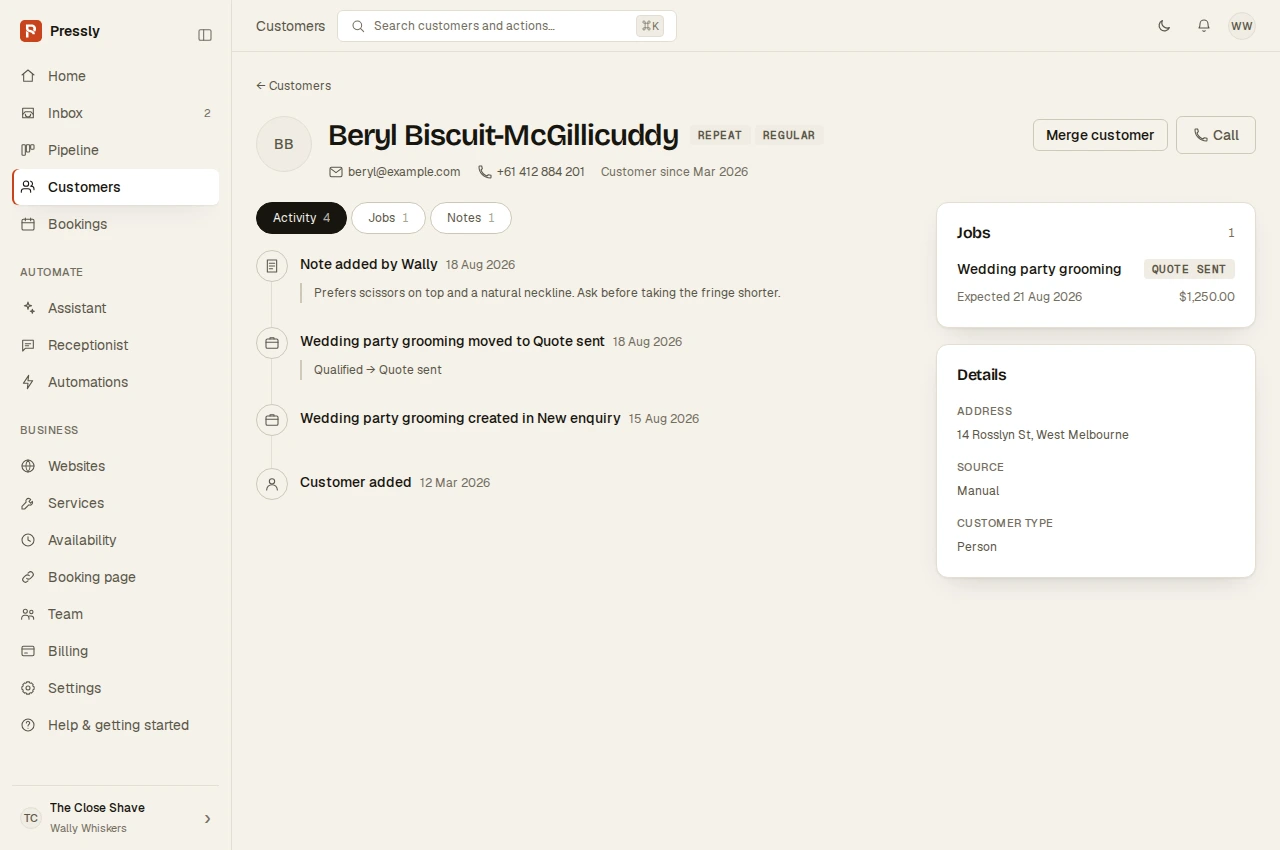 The real Pressly customer record with contact details and activity