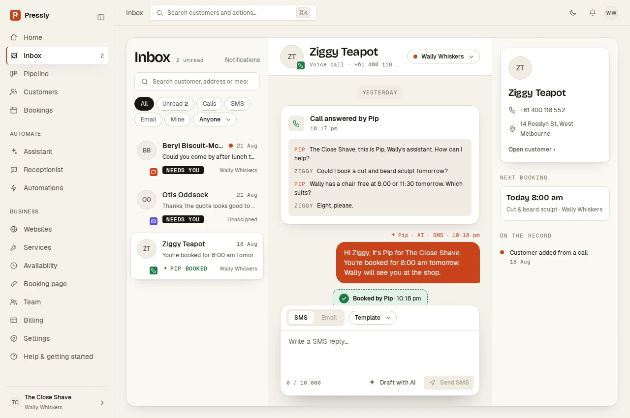 The real Pressly Inbox showing a call handled by Pip
