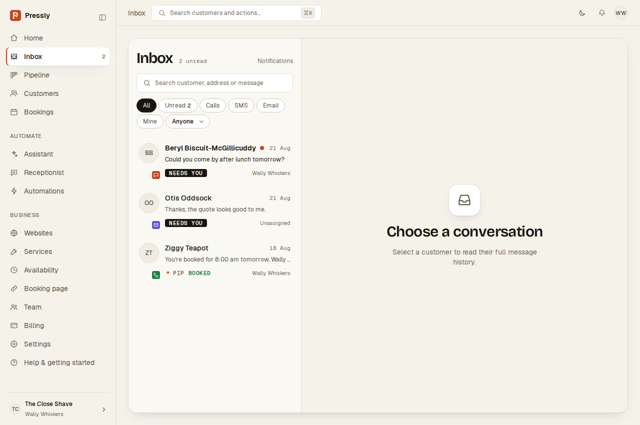 The real Pressly Inbox showing conversations that need a person